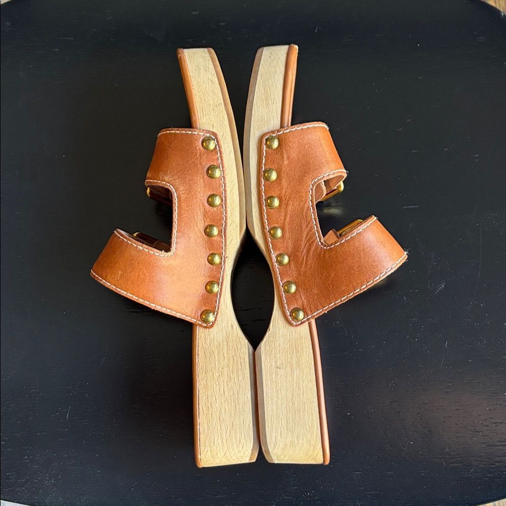 J. Crew platform buckle leather Stylish Tan brown Women clog Sandals sz 7.5 GUC! - Picture 9 of 12